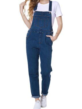 Women's Blue Overalls Jeans Loose Fit Bib Adjustable Straps Denim Jumpsuits